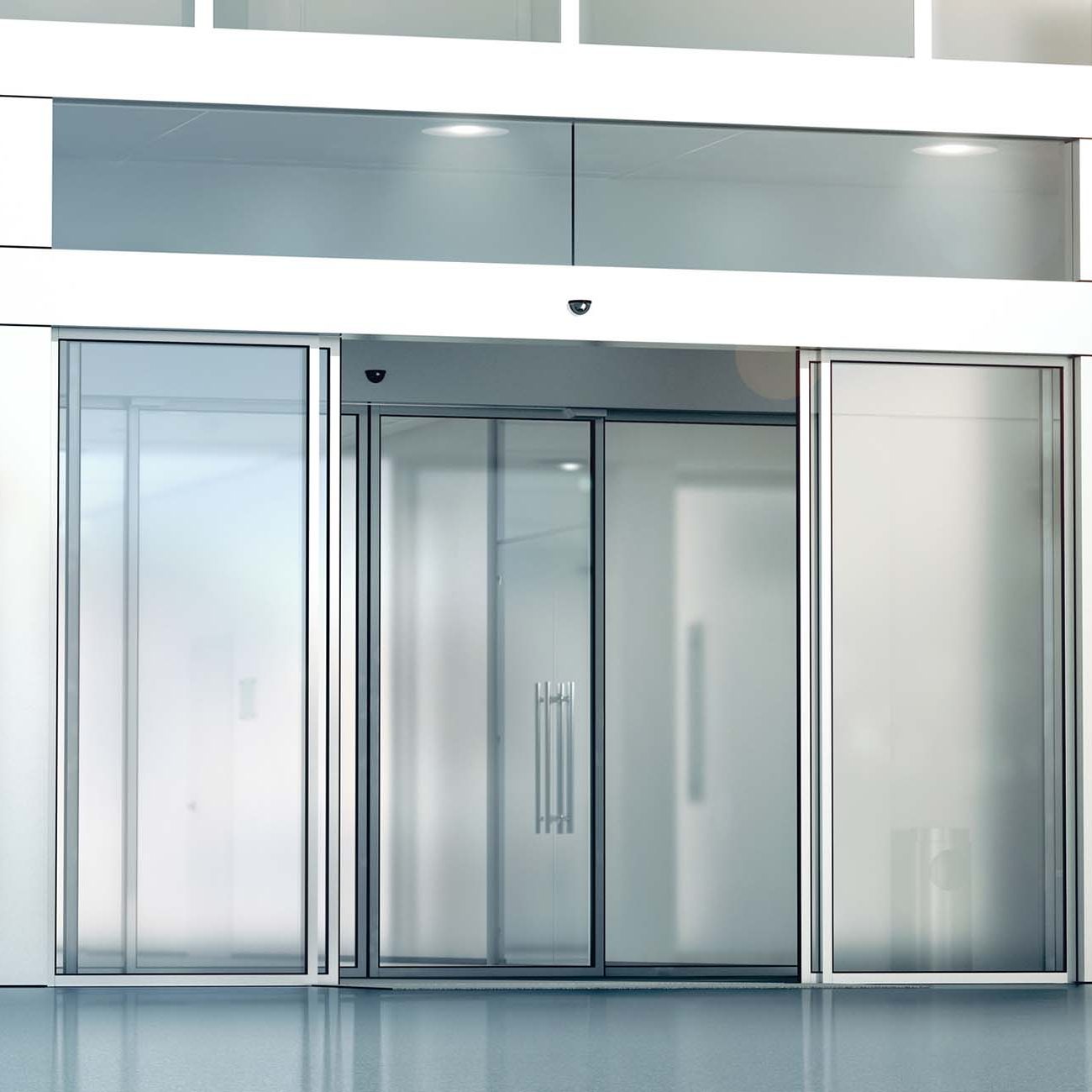 Blank sliding glass doors entrance mockup, 3d rendering. Commercial automatic slide entry mock up. Office building exterior template. Closed transparent business centre facade, front view.